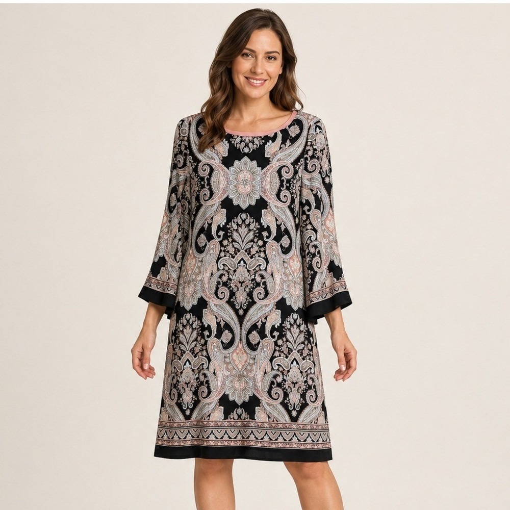 Studio One New York Paisley Bell Sleeve Shift Dress Black Pink Size M